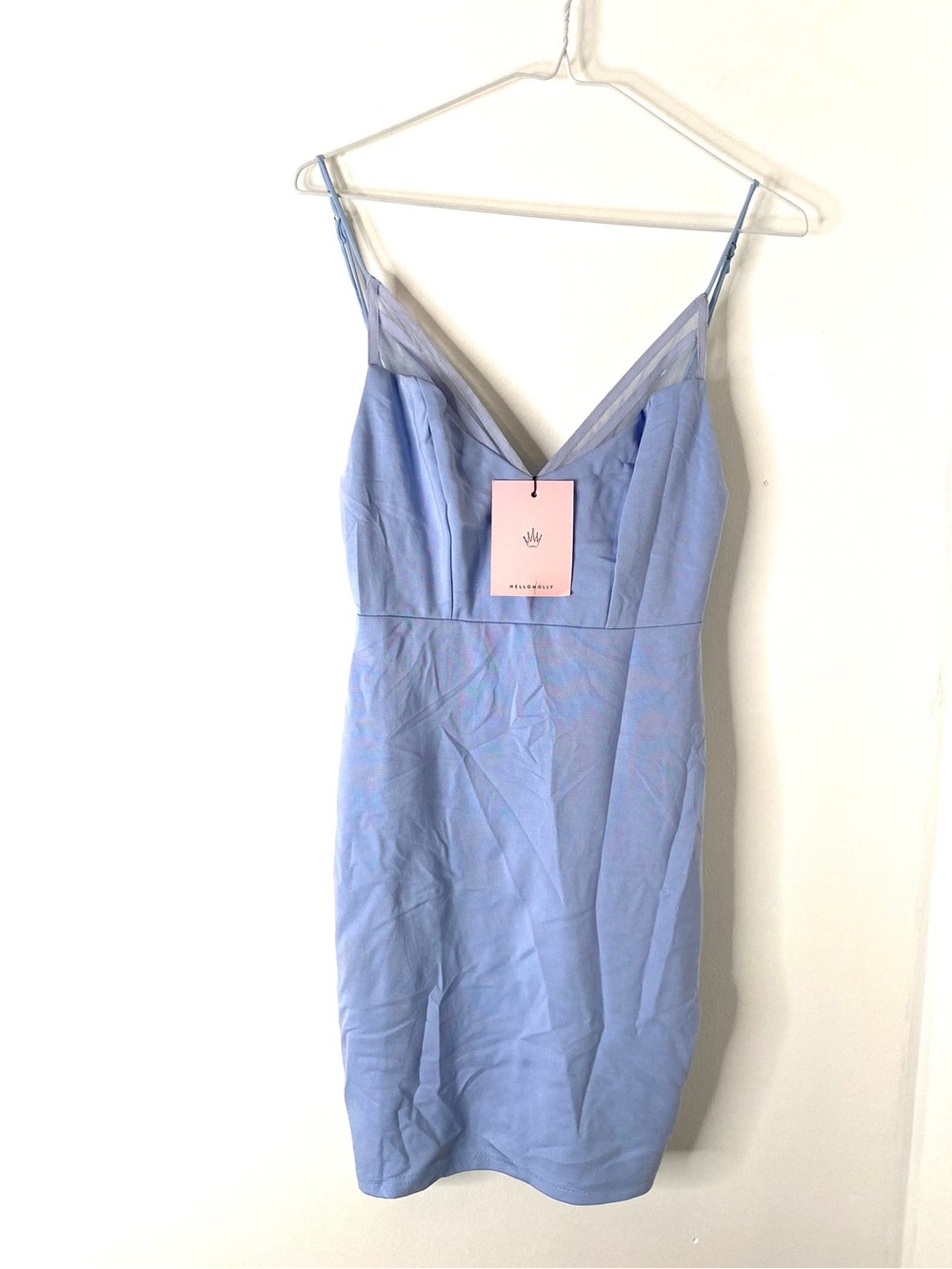 Hello Molly Light Blue Mini Dress Sheer Mesh Trim V Neck Adjustable Straps NWT